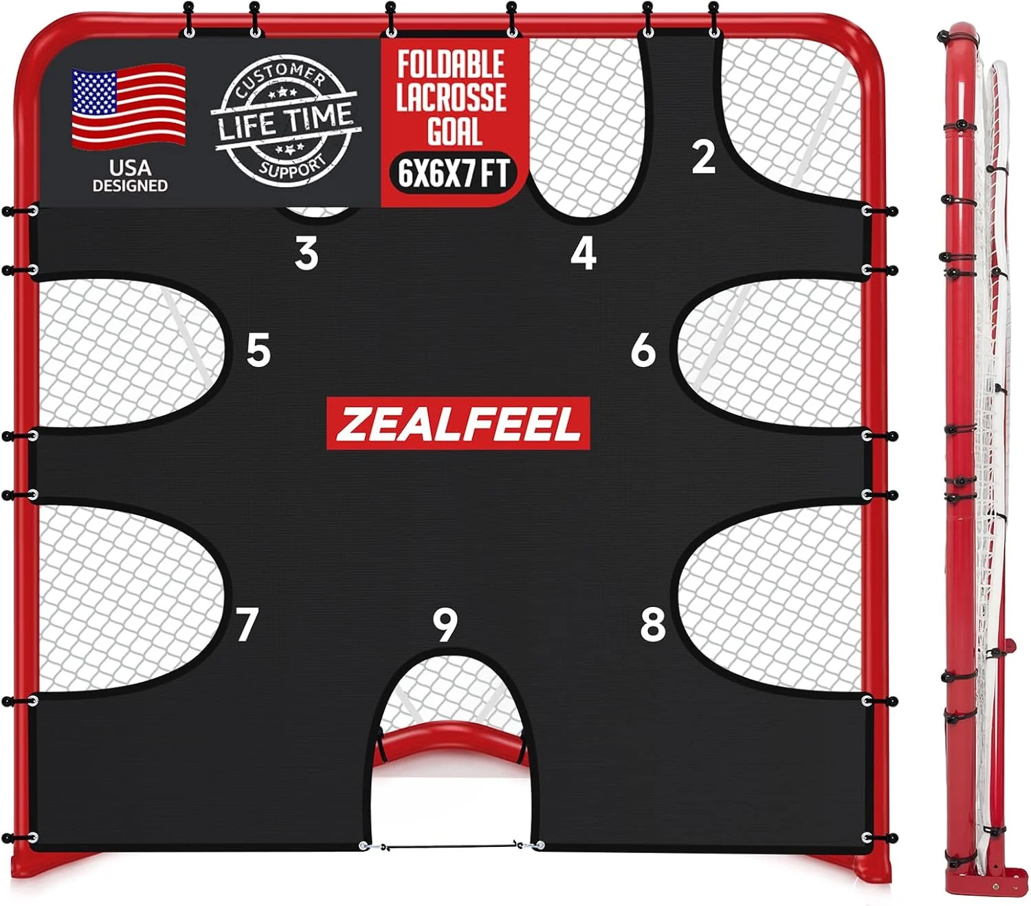 Lacrosse Goal 6x6x7Ft, Foldable Lacrosse Training Net with 9-Zone Target for Accuracy Practice